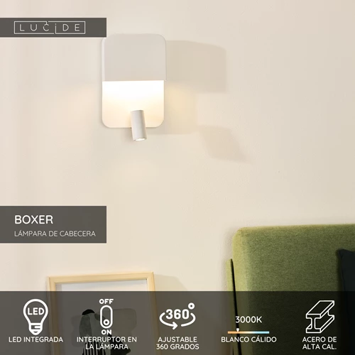 Lucide BOXER - Lámpara de cabecera / Lámpara de pared - LED - 3000K - Con punto de carga USB - Blanco - USP